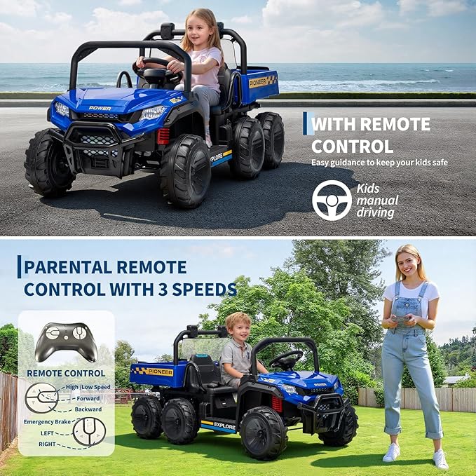 24V 4WD Electric Dump Truck for Kids, 2 Seater Remote Control Ride On Car with Dump Bed, All Terrain Vehicle Toy for Boys & Girls 3-8 Years Old, Blue