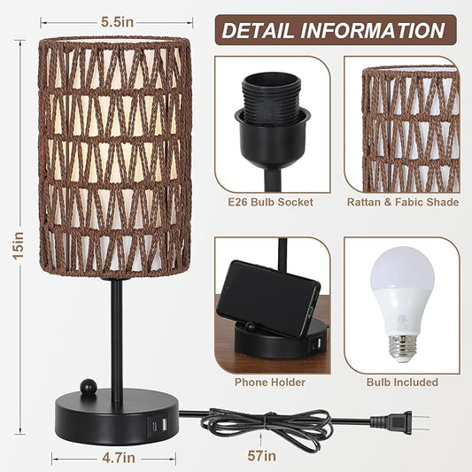 Eayaya Bedside Lamps Set of 2, Touch Control Night Stand Lamp for Bedroom with Rattan & Linen Shade & Bulbs, 3 Way Dimmable Small Boho Table Lamps with USB Charging Port & Phone Stand (Coffee Color)