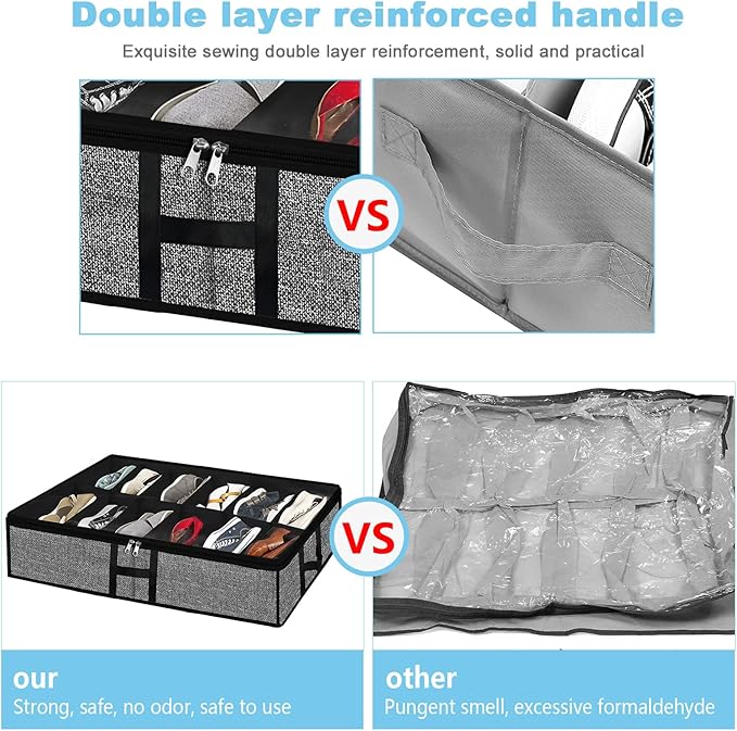 Meerainy Under Bed Shoe Organizer Storage for Closet 2 Pack- Fits 24 Pairs Underbed Shoes Container Boxes with H Shap Sturdy Handles and Clear Window,Foldable Shoe Rack Holder,Black