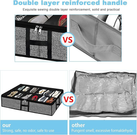 Meerainy Under Bed Shoe Organizer Storage for Closet 2 Pack- Fits 24 Pairs Underbed Shoes Container Boxes with H Shap Sturdy Handles and Clear Window,Foldable Shoe Rack Holder,Black