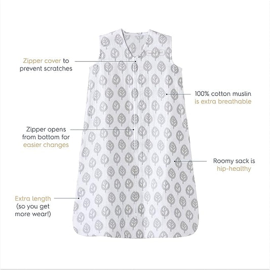 HALO 100% Cotton Muslin Sleepsack Wearable Blanket, TOG 0.5, Grey Tree Leaf, Large