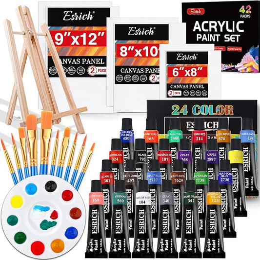 ESRICH Acrylic Paint Canvas Set, 42 Piece Professional Premium Paint Kit with 1 Wood Easel, 24Colors, 10 Brushes, 6 Canvases, Painting Supplies Kit Artists and Beginner
