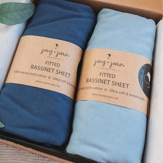 Bassinet Fitted Sheets Compatible with Arms Reach Cosleeper Versatile, Clear-Vue, Cambria and Mini– Snuggly Soft 100% Jersey Cotton – Dusty Blue + Navy – 2 Pack – Not for Ideal Ezee