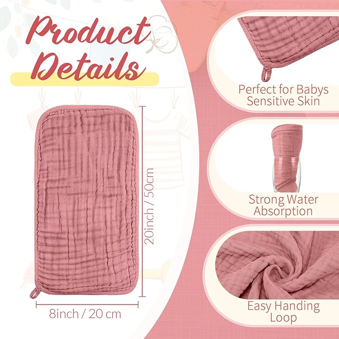 VitalCozy 6 Pcs Baby Muslin Hooded Bath Towels and Washcloths Muslin Cotton Hooded Baby Towels Absorbent Blankets for Gift Newborn Infant Shower (32 x 32 Inch,Light Bean Paste,Rose Pink)