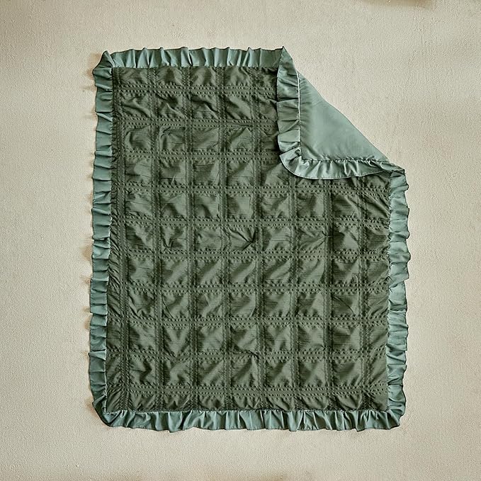 Ruffled Crib Bedding Set Baby Boho Quilted Comforter with Fitted Sheet and Bed Skirt - Cute Soft Breathable Seersucker Ruffled Shabby Chic Bedding Soft Blanket Design - Dark Green