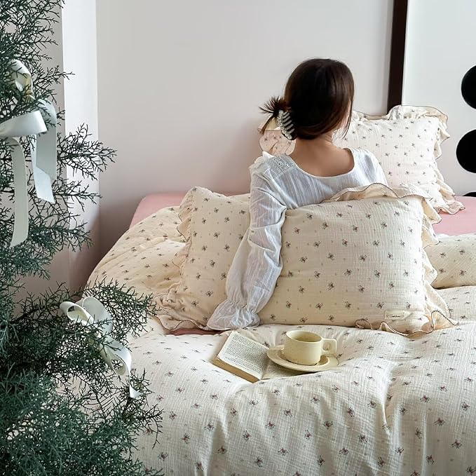 BuLuTu Muslin Cotton Duvet Cover Full Elegant Ruffles Duvet Covers Soft Breathable Comforter Cover Kids Adults Bedding Floral Quilted Cover, 79"x90", No Pillow/Pillow Cases