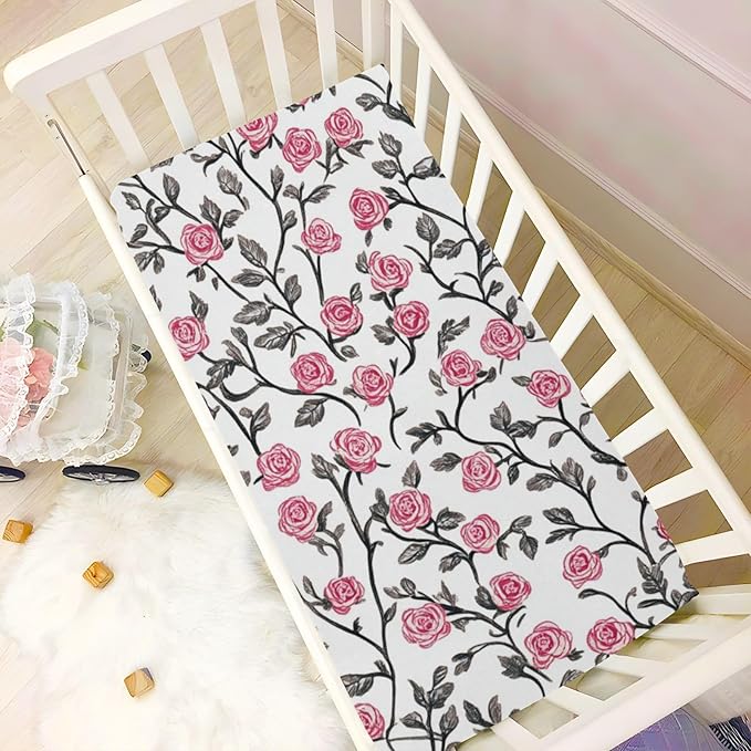 White Pink Rose Crib Sheets Standard Crib Toddler Mattresses Cover Fitted Baby Bed Sheet Breathable Crib Mattress Sheet for Girls Boys 39''x27''x9''