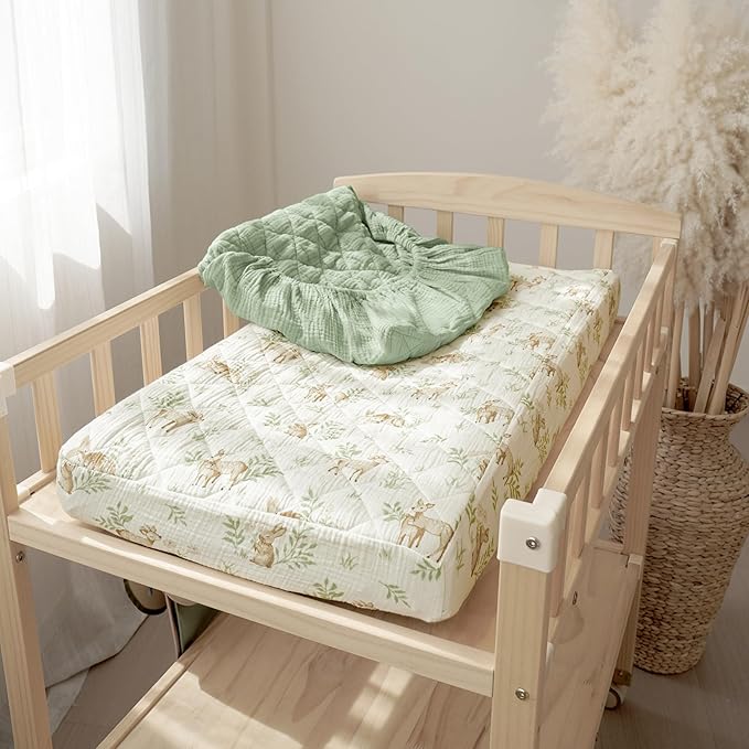 Konssy Waterproof Muslin Changing Pad Cover 2 Pack, Quilted Cotton Fitted Diaper Changing Table Cover, Soft Changing Pad Sheets for Girls Boys (Woodland, Sage)