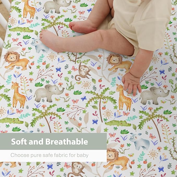 Cute Jungle Animals Baby Crib Sheets for Boy Girl 52x28Inch Lion Giraffe Elephant Hippo Trees Soft Snug Fitted Crib Mattress Cover Zoo African Safari Nursery Baby Sheet for Crib & Toddler Mattress