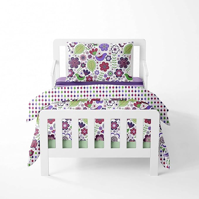 Bacati - Botanical Sanctuary Purple 4 Piece Cotton Girls Toddler Bedding Set 100 Percent Cotton Includes Reversible Comforter, Fitted Sheet, Top Sheet, and Pillow Case for Girls