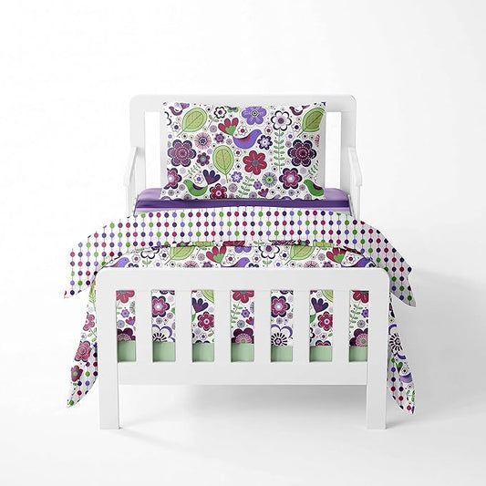 Bacati - Botanical Sanctuary Purple 4 Piece Cotton Girls Toddler Bedding Set 100 Percent Cotton Includes Reversible Comforter, Fitted Sheet, Top Sheet, and Pillow Case for Girls
