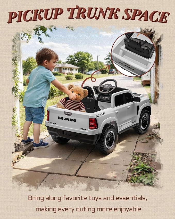 First Ride On Licensed Ram 1500 RHO 12V Kids Ride on Truck, Toddler Ride on Toys with Remote Control, Children Electric Vehicles with Truck Bed Storage, Smooth Start, Music, Bluetooth (White)