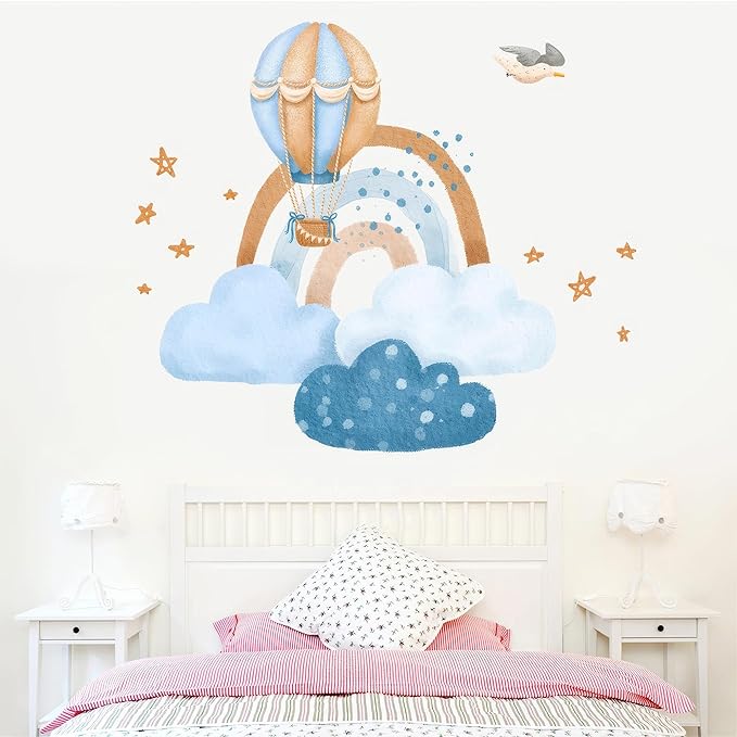 Ollaland Hot Air Balloon & Clouds Wall Decals - Peel and Stick Watercolor Rainbow Stars Bird Wall Stickers, Decor for Baby Nursery, Toddler & Kids Bedroom Walls
