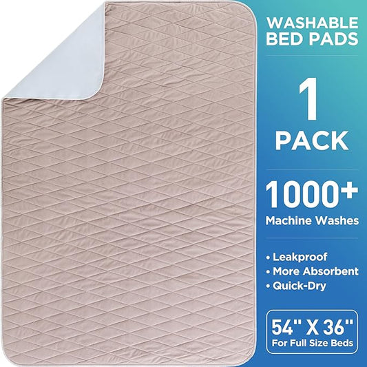 Careland Washable Underpads, 34" x 54" Heavy Absorbency Reusable Incontinence Pads for Adults, Elderly, and Pets - Waterproof Protective Pad for Bed, Couch, Sofa, Floor (Brown, 36 x 54 in)