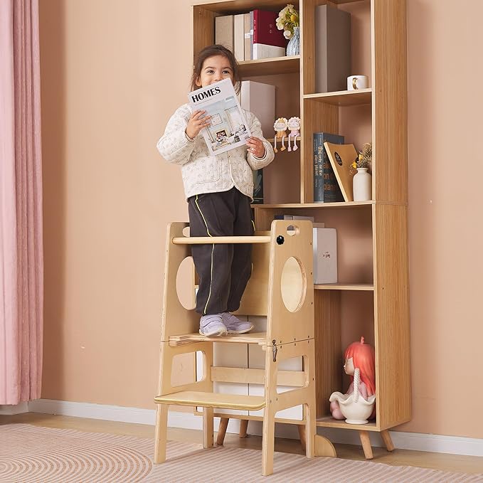 SHWWQUE Toddler Tower Step Stool for Kids Kitchen Stool Helper Toddler Standing Tower Foldable Children Table Kids Table and Chair Set Montessori Helper Tower Natural