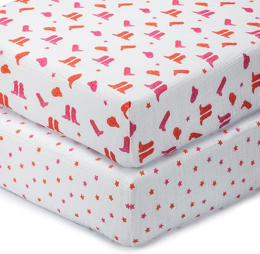 LollyBanks Baby Girl Crib Sheets 2 Pack, 100% Muslin Cotton Soft and Breathable Baby Crib Sheets, Snug Fitted Sheet for Standard 52"x28" Mattress, Nursery Must Haves (Pink Boot and Pink Star)