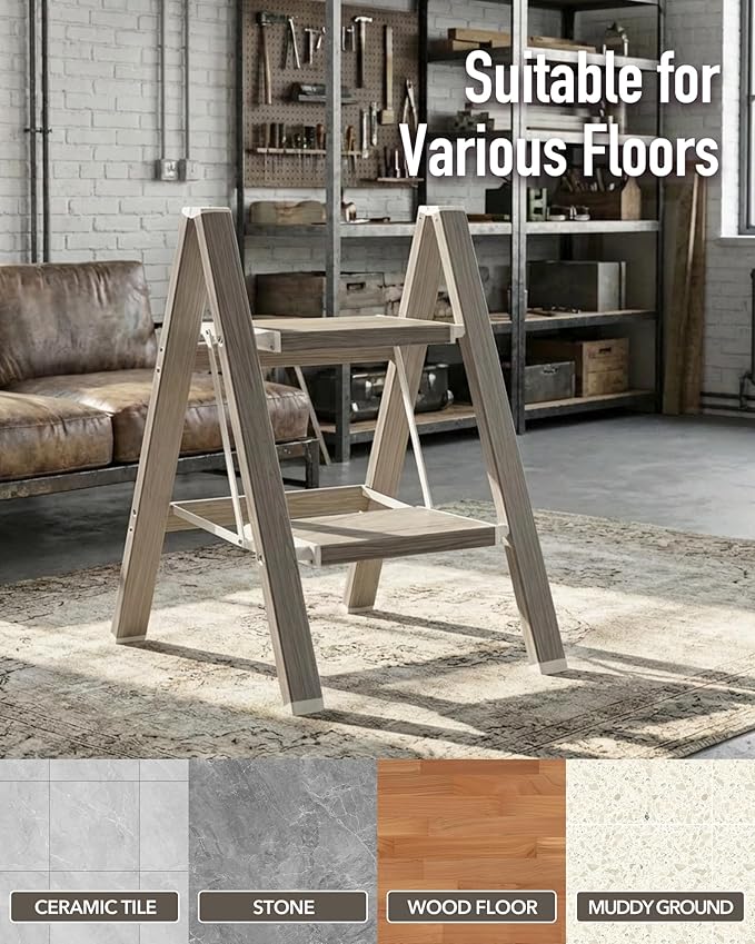 Mayi Plus 2 Step Ladder,Aluminum Folding Step Stool for Adults,Step Ladder with Wide Anti-Slip Pedal,330 lbs Capacity for Home,Kitchen,Library,Office,(Fir Woodgrain