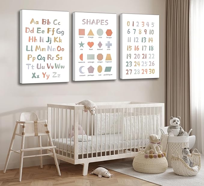 3Pcs Kids Playroom Wall Art Decor Toddler Room Decor ABC Nursery Artwall Shapes Canvas Wall Art 123 Poster Print Decoration for Classroom Toddler Kids Nursery Bedroom