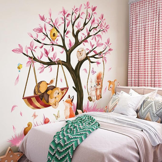 Cute Jungle Theme Wall Stickers Removable Animal Forest Wall Decals Elephant Monkey Lion Giraffe Zebra Peel and Stick Tropical Wall Art Decor for Nursery Bedroom Classroom (Pink)