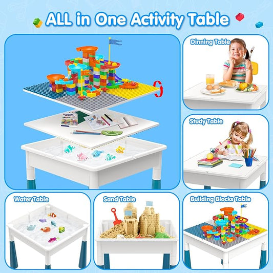OCATO Toddlers Kids Table and Chair Set: Activity Table with 152Pcs Large Marble Run Building Blocks 4 Chairs Storage All in One Play Sensory Water Tables Sand Tables for Boys Girls 3 4 5 6 Year Old