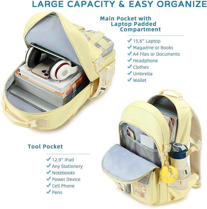 KIDNUO Backpack for Girls, 15.6 Inch Laptop School Bag Kids Kindergarten Elementary College Backpacks Large Bookbags for Teen Girl Women Students Casual Travel Daypacks (Yellow)