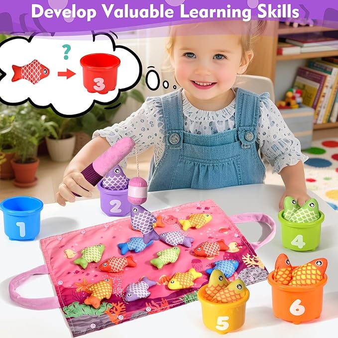 Montessori Toys for 1 Year Old Girl Gifts, Pink Cloth Fishing Toy for Toddler 1-3, Fine Motor Skills Toy Sorting Learning Baby Toys 6-12-18 Months, One Year Old Girl Boy Birthday Gifts