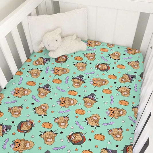 Highland Cow Halloween Baby Crib Sheets for Boy Girl Western Cowboy Fall Pumpkin Bats Soft Snug Fitted Crib Mattress Covers for 52''x28'' Standard Crib & Toddler Mattress Spooky Farm Animal Bed Sheet