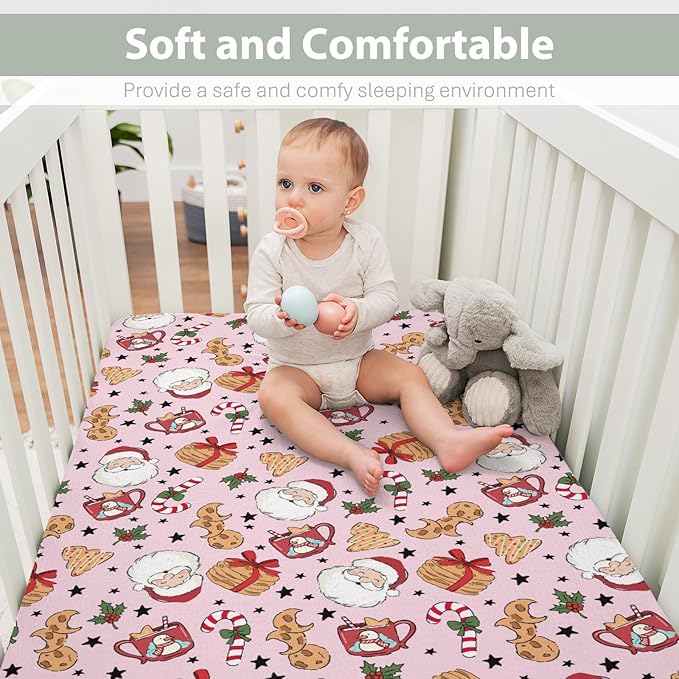Sweet Christmas Pink Baby Crib Sheets for Boy Girl 52x28 Santa Claus Cherry Fir Candy Soft Snug Fitted Crib Mattress Cover Winter Holiday Festival Baby Sheet for Standard Crib & Toddler Bed Mattress