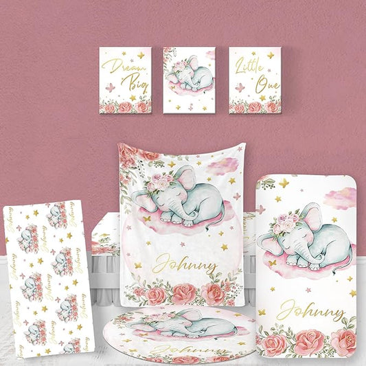 Custom Baby Bedding Set: Personalized Pink Sleeping Elephant Bedding, Baby Blanket Fitted Sheet Changing Cover Nursery Rug Gift Idea Room Decor