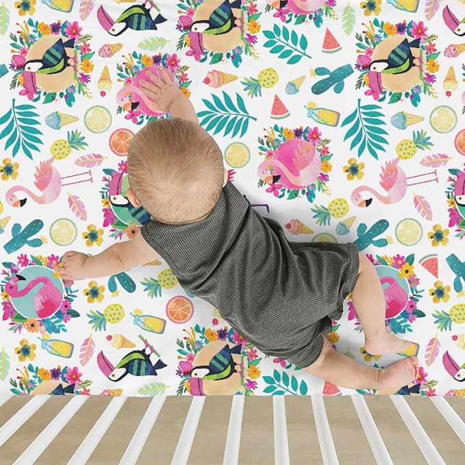 Pink Flamingo Toucan Tropical Fruits Baby Crib Sheets for Boy Girl 52"x28" Colorful Summer Birds Leaves Soft Snug Fitted Crib Mattress Cover Hawaiian Baby Sheet for Standard Crib & Toddler Mattress