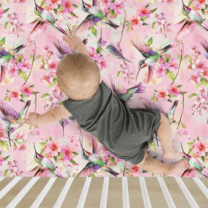 Hummingbird Pink Floral Baby Crib Sheets for Boy Girl 52x28Inch Spring Birds Blossoms Soft Stretchy Fitted Crib Mattress Cover Forest Animals Nursery Baby Sheet for Standard Crib & Toddler Mattress