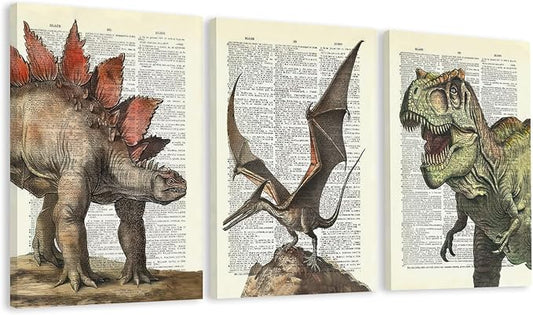 Ovczax 3 Pieces Dinosaur Wall Art - Dinosaur Room Decor, Tyrannosaurus Rex, Pterodactyl, Stegosaurus Canvas Wall Art Poster 16" x 12" In