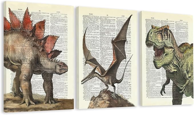 Ovczax 3 Pieces Canvas Wall Art - Dinosaur Room Decor For Boys Decor For Boys Room, Dinosaur Poster 24" X 16"