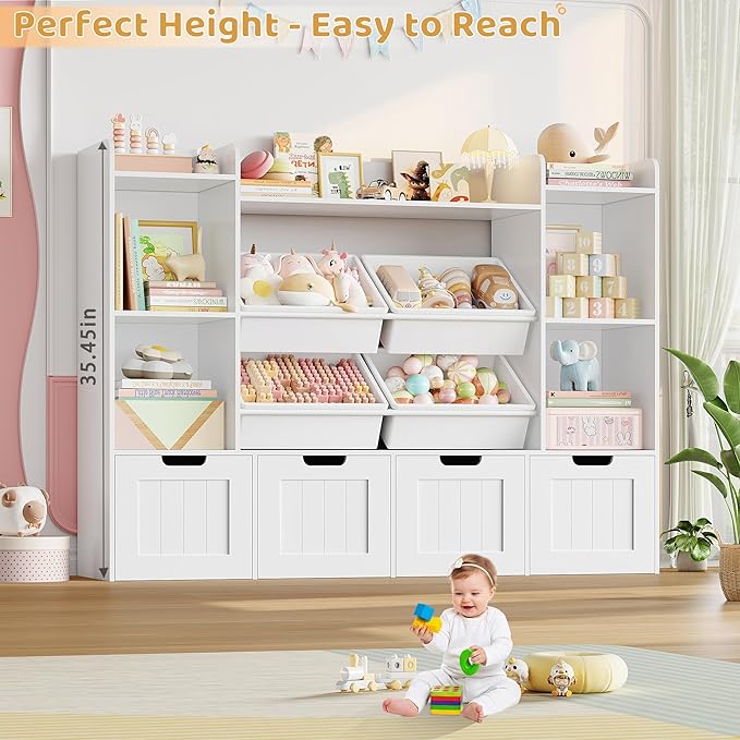 LULUBEAR Toy Storage Organizer, Toy Organizer with 4 Movable Drawers and 4 Box Bins, Kids Playroom Storage Organization with Hidden Wheels for Living Room, Kids Room