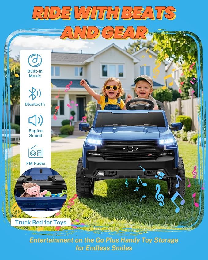 ENYOPRO 24V 2 Seater Ride on Car for Kids, Licensed Chevy Silverado LT Trail Boss Battery Powered Electric Car for Toddlers w/Remote Control, Metal Suspension, Soft Start, Bluetooth, LED Lights (Blue)