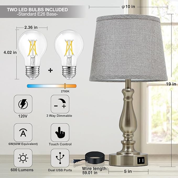 EJIAXIN Table Lamps for Bedroom Set of 2,Dimmable Touch Bedside Lamps with Dual USB A+C Ports - Nightstand Lamp for End Table Modern Night Stand Lamps for Living Room Guest Room