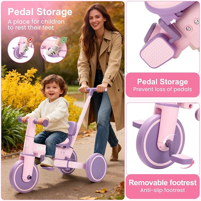 Bobike 5-in-1 Tricycle for Toddlers 18 Months to 5 Years Old, Kids Tricycle with Push Handle and Backrest, Toddler Balance Bike with Easy Assembly for Boys and Girls (Purple)