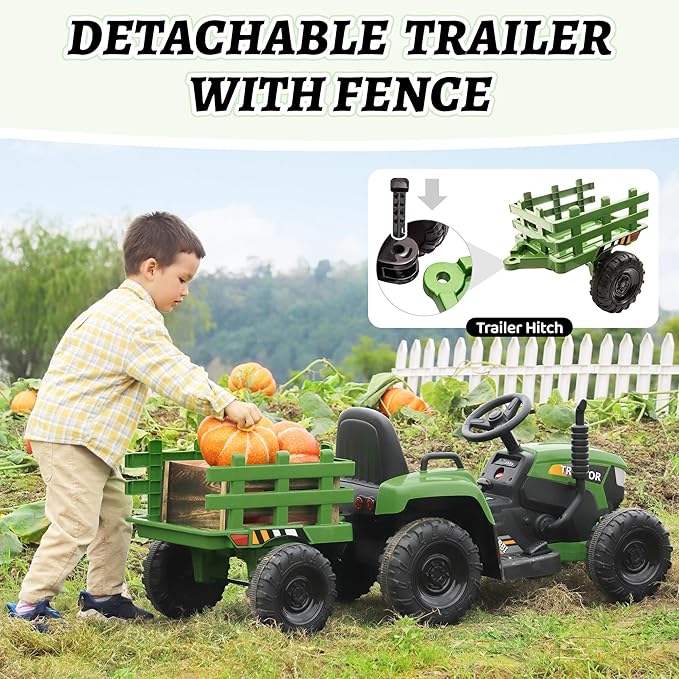 TOBBI Kids Electric Ride On Toy Tractor, Toddlers 12V Battery-Powered Car to Drive, 35W Dual Motor 6-Wheels Trailer Vehicle with 3-Speeds/LED & Horn Functions for Chirdren Aged 3-6-Dark Green