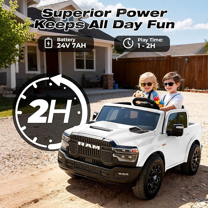 FUNTOK 24V 2 Seater Ride On Truck for Big Kids, Licensed RAM 2500 Kid's Electric Vehicles w/Remote Control, LED Light/Music/MP3/Bluetooth, Truck Bed Storage, Carry Wheels & Handle, Car for Kids 3-8