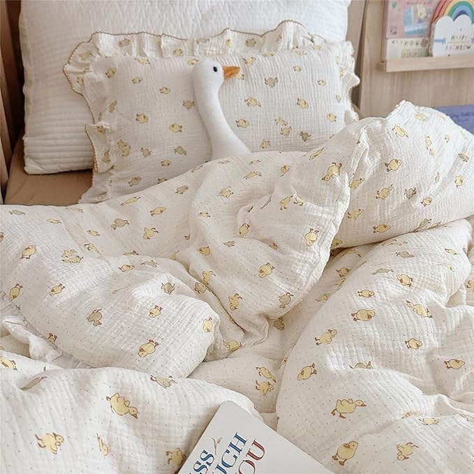 BuLuTu Baby Duckling Print Duvet Cover 47x59 Inch, Soft Muslin Duvet Cover for Boys Girls Crib Bedding Gift for Toddlers, Duck Print (Pillowcase Not Included)