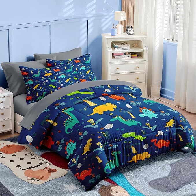 Nesker Comforter Set Toddler Size, Blue Dino 4 Pcs Bedding for Kids Teens, Dinosaur Bed Sheet with Pillowcase & Sham