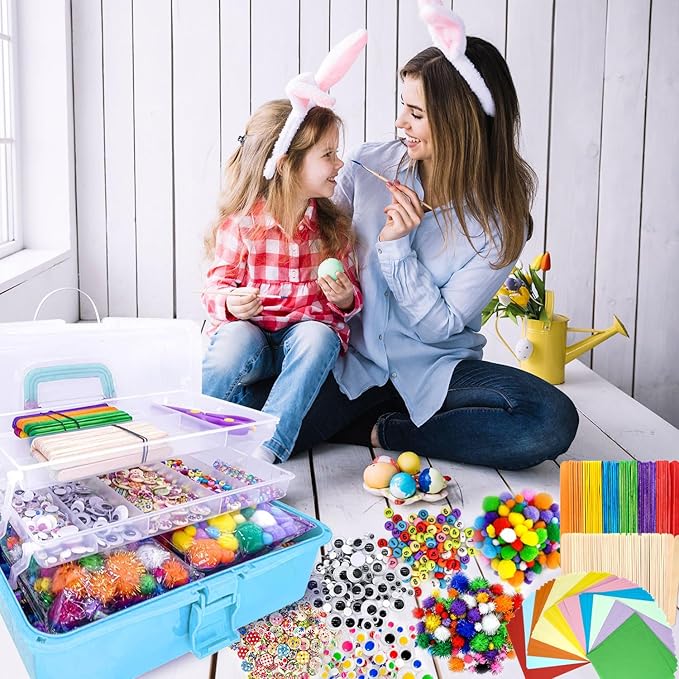 kortes Jumbo Art and Craft Supplies for Kids, Toddler DIY Craft Art Supply Set Included Pipe Cleaners, Pom Poms, Feather, Folding Storage Box - All in One for Craft DIY Art Supplies, Light Blue