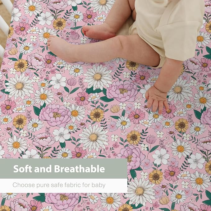 Spring Boho Floral Baby Crib Sheets for Boy Girl 28"x52" Neutral Pink Flowers Leaves Soft Stretchy Fitted Crib Mattress Cover Pastel Peony Daisy Nursery Baby Sheet for Crib & Toddler Bed Mattresses