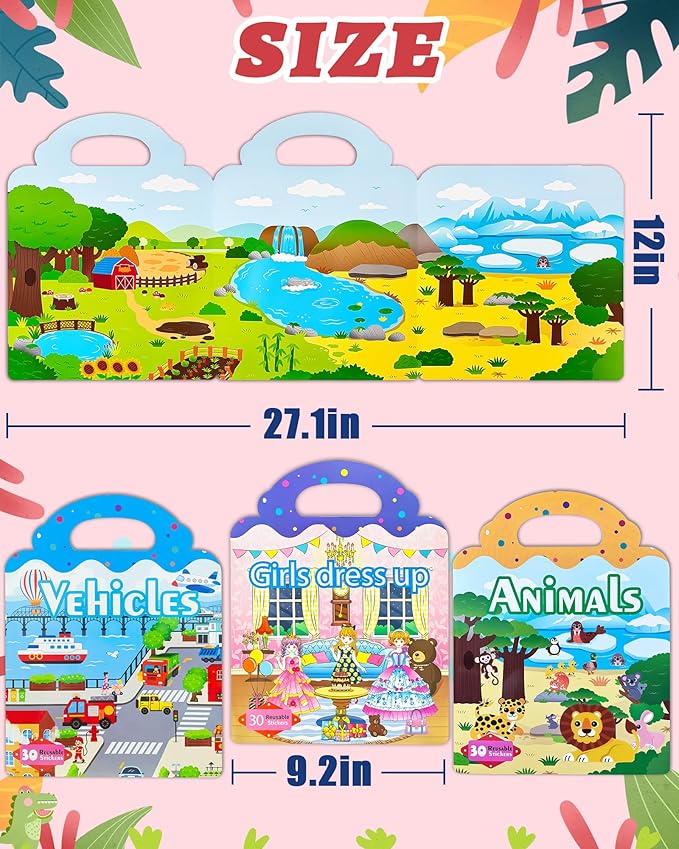 Benresive Reusable Sticker Books for Toddlers, 3 Sets Travel Stickers for Kids, Toddler Sticker Book, Crafts Activities for Toddlers, 3 and Up Birthday Gifts Travel Toys