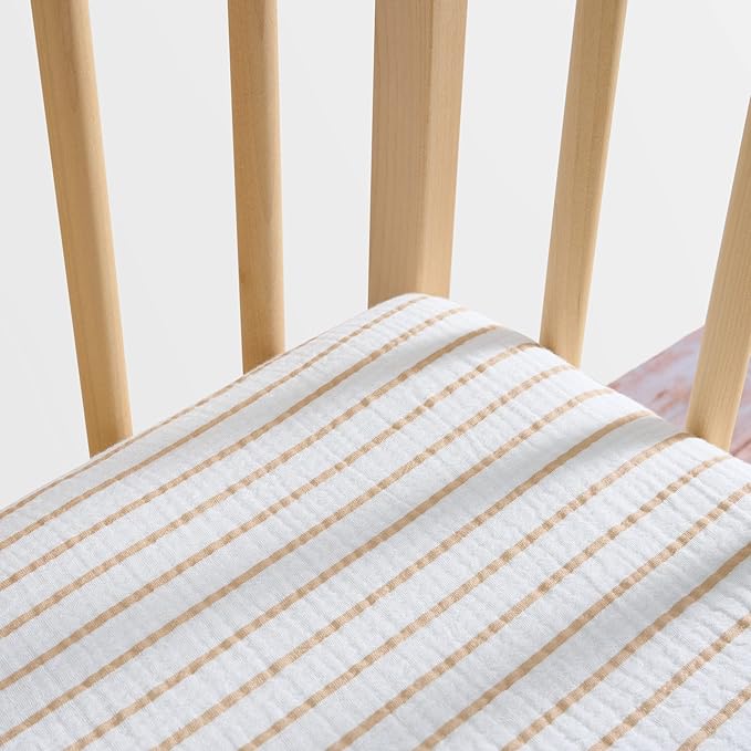 Meracorallo Muslin Fitted Crib Sheet, Soft and Breathable Baby Crib Sheet for Standard Crib and Toddler Mattresses (Neutral Stripe)