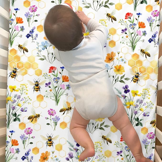 Boho Wildflower Bees Honeycomb Baby Crib Sheets for Boy Girl 52x28Inch Watercolor Honeybee Floral Soft Snug Fitted Crib Mattress Cover Summer Baby Sheet for Standard Crib & Toddler Mattress 2 Pack
