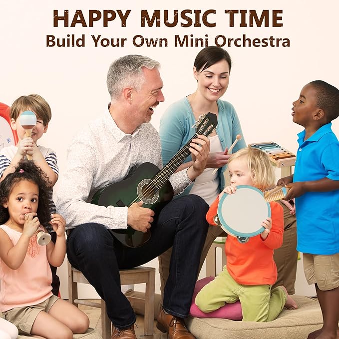 Baby Musical Instruments | Montessori Wooden Toys for Toddlers, Neutral Color Percussion Instruments Set with Xylophone Tambourine, Educational Musical Toys for Boys Girls 3+