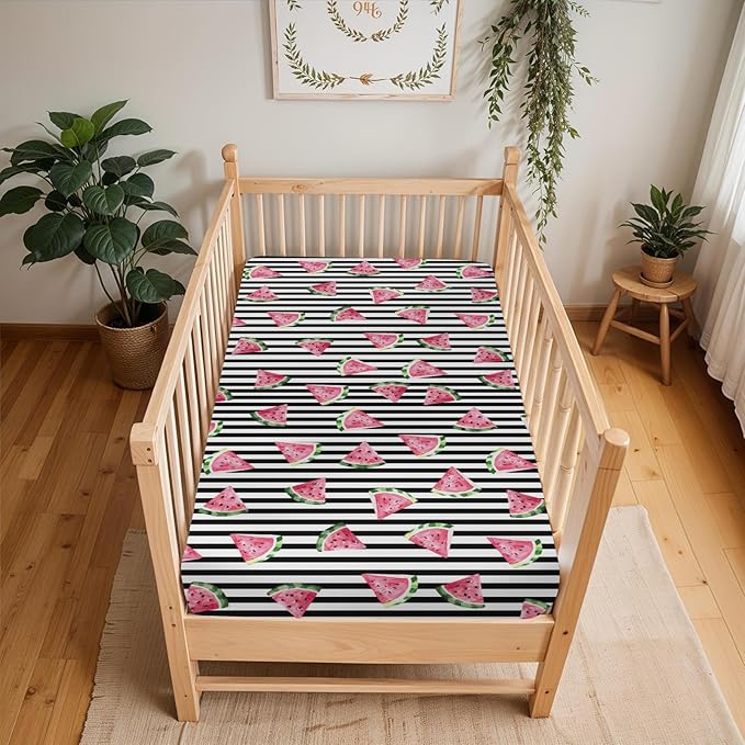 Watermelon Black and White Stripes Baby Crib Sheets for Boy Girl 52"x28" Tropical Summer Fruits Soft Stretchy Fitted Crib Mattress Cover Beach Vacation Baby Sheet for Crib and Toddler Bed Mattresses