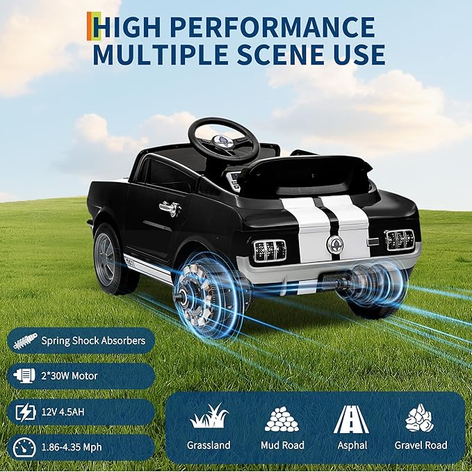 12V Ride on Car for Kids, Licensed Shelby GT350 Electric Toy with Parent Remote Control, 3 Speeds, LED Headlights, Music & Safety Belt for Toddlers
