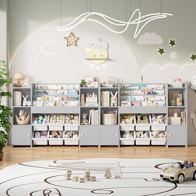 FINETONES Toy Storage Organizer with 6 Toy Bins, Toy Organizer Kids Bookshelf with 6 Cubbies, Toy Organizers and Storage Bins Playroom Storage for Kids Room, Grey